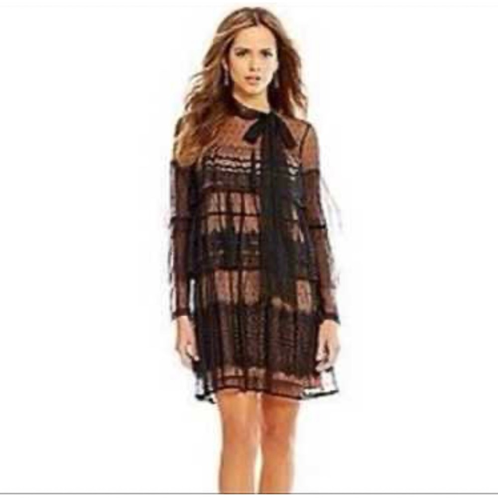 Gianni Bini Black Sheer Lace Tiered Ruffle Tie Neck Miranda Dress New - Picture 2 of 9